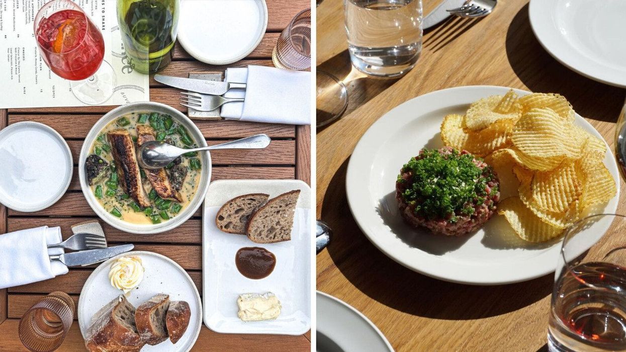Side-by-side images of several plates of food set out on tables.