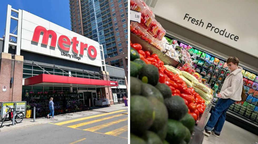 Side-by-side photo of a Metro store and a person shopping for produce