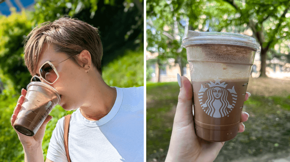 side by side photo of a person drinking an iced coffee from starbucks and a close up of the iced coffee