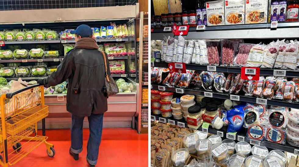 side-by-side photo of a person grocery shopping and a display of meats and cheeses