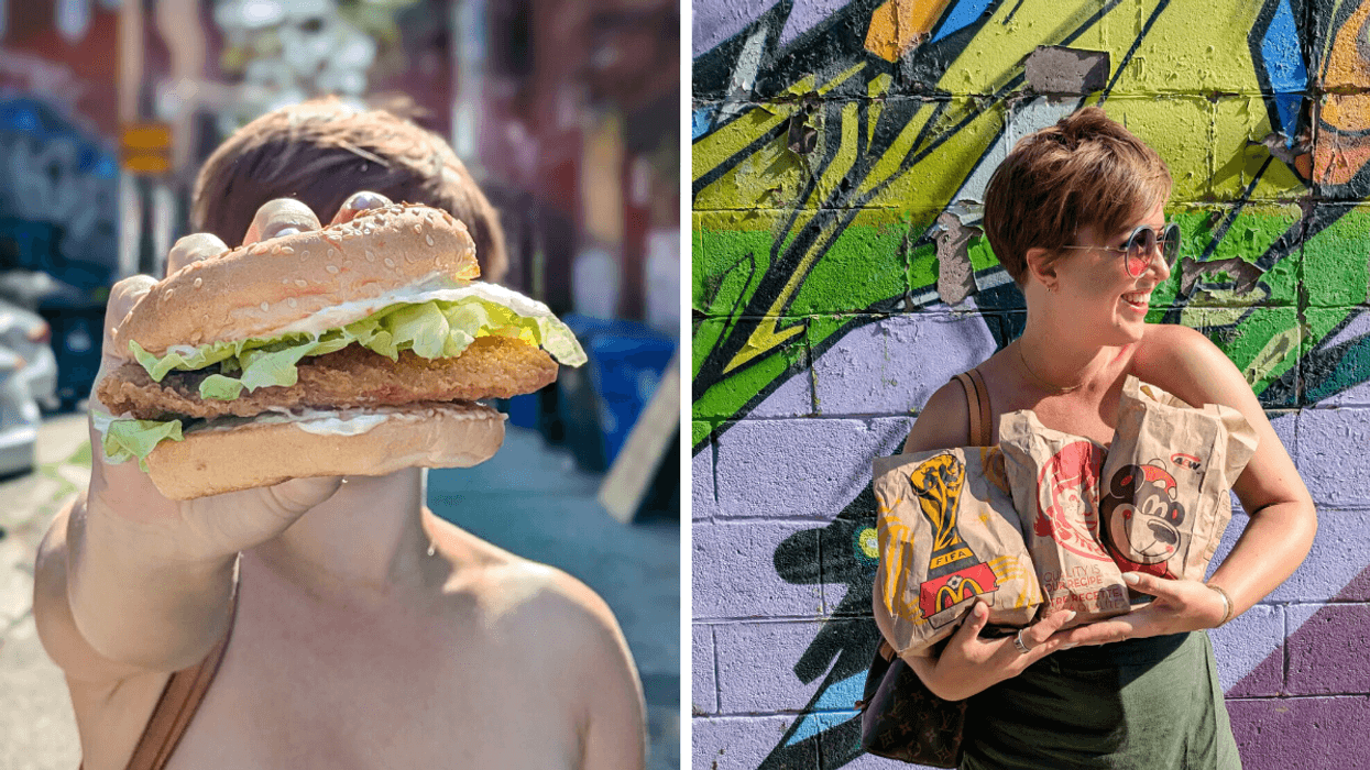side by side photo of a person holding up a chicken burger and a smiling person carrying three fast food bags