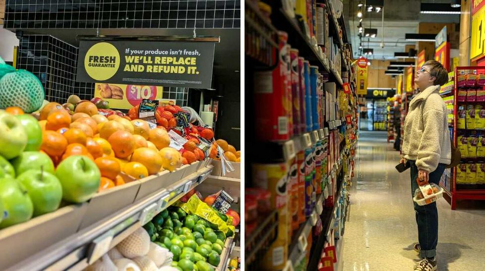 side-by-side photo of fresh produce and a person perusing a grocery store aisle