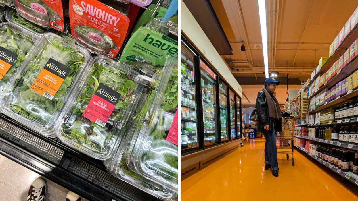 side by side photo of lettuce boxes and a person in a grocery store aisle