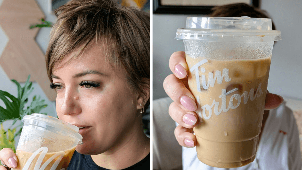 side by side photo of someone drinking a mcdonald's iced coffee and a close up of an iced coffee from tim horton's