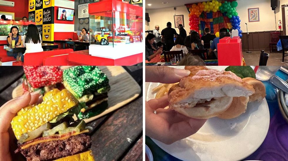 Side-by-side photos of a brightly coloured LEGO cafe and brick buns versus a crowded party room and chicken sandwiches.