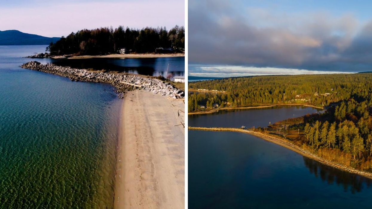 Side view of a beachside in B.C.. Right: Aerial view of a beachside in B.C..