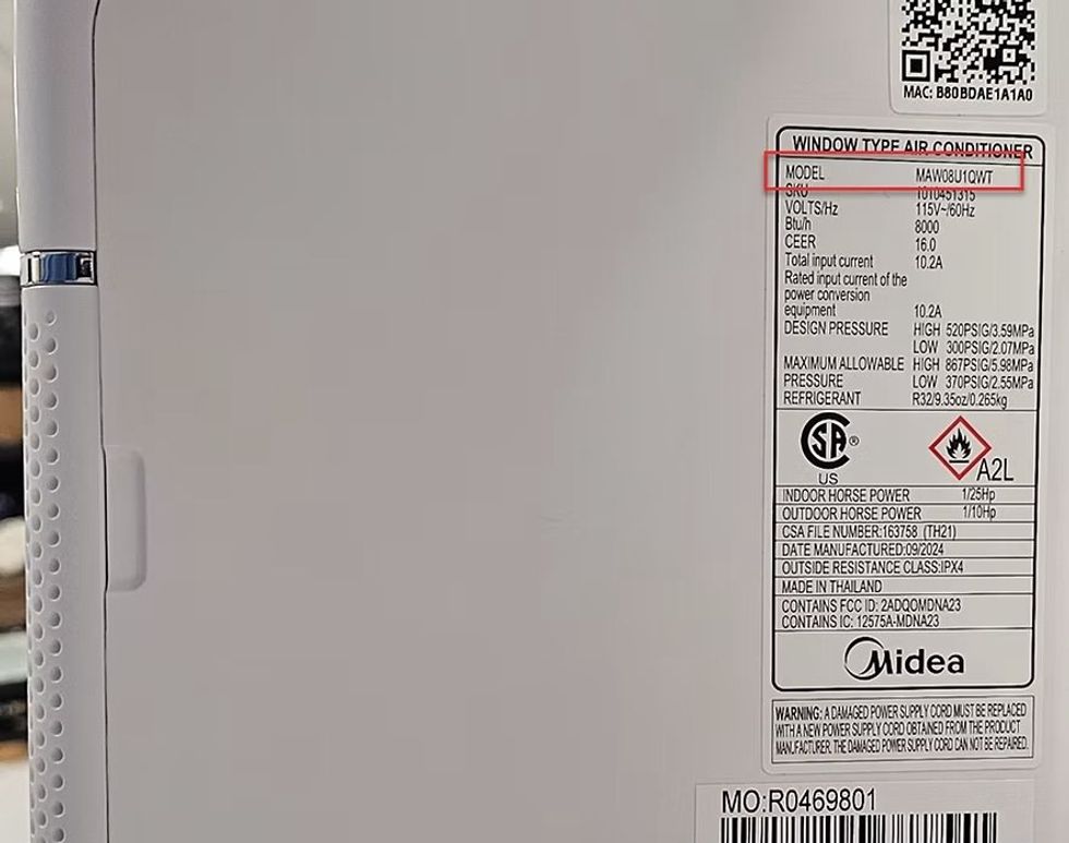 SIde view of a Midea air conditioner with the model number visible at the top of the product label.