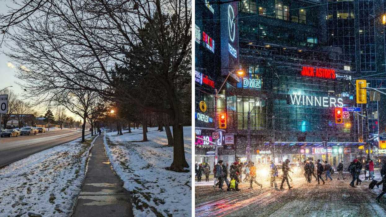 sidewalk and street with snow in brampton ontario. right: people crossing street in toronto during winter snowfall