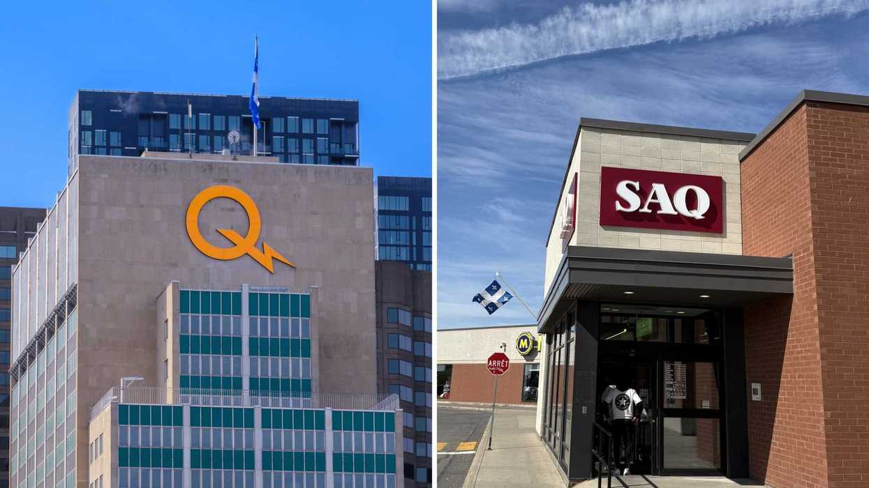Siège social d'Hydro-Québec. Droite : une succursale de la SAQ.