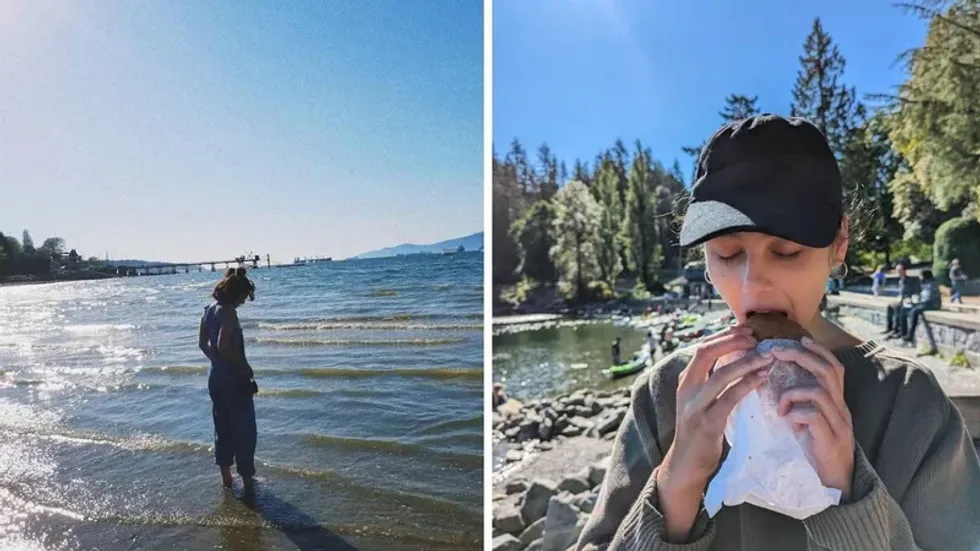 Sierra Riley at Kitsilano Beach. Right: Sierra eating a donut in Deep Cove.