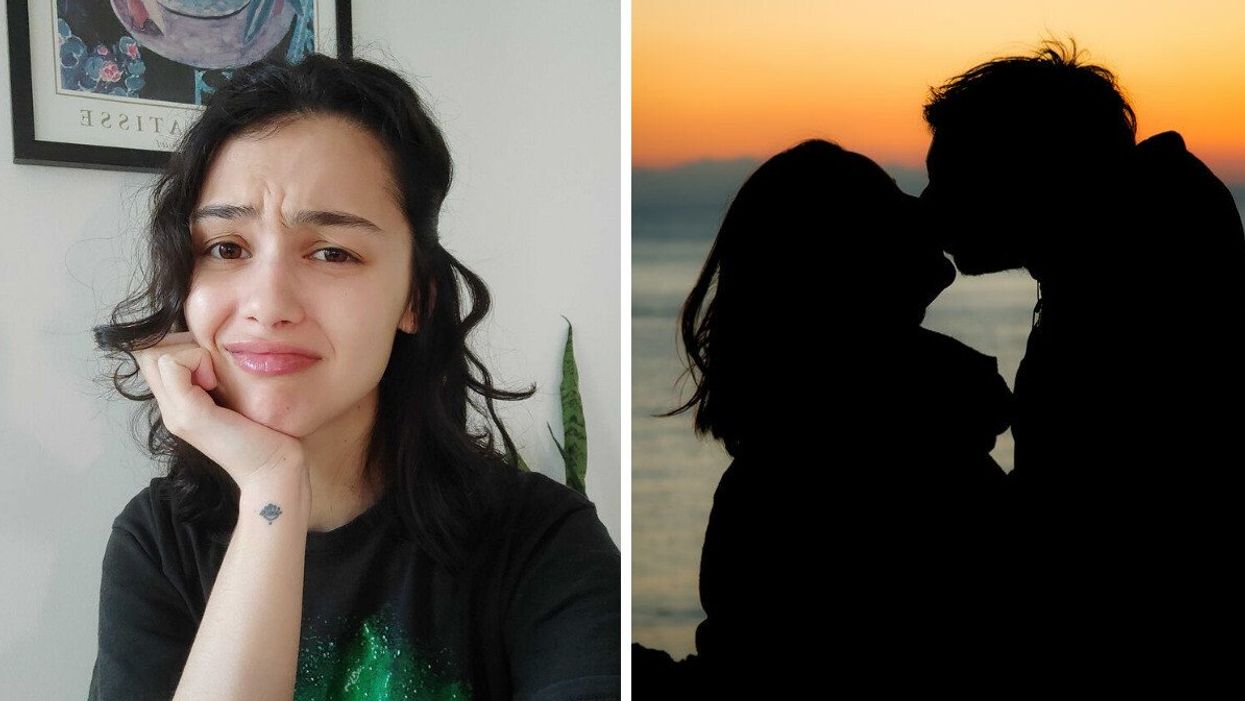 Sierra Riley cringing. Right: couple kissing.