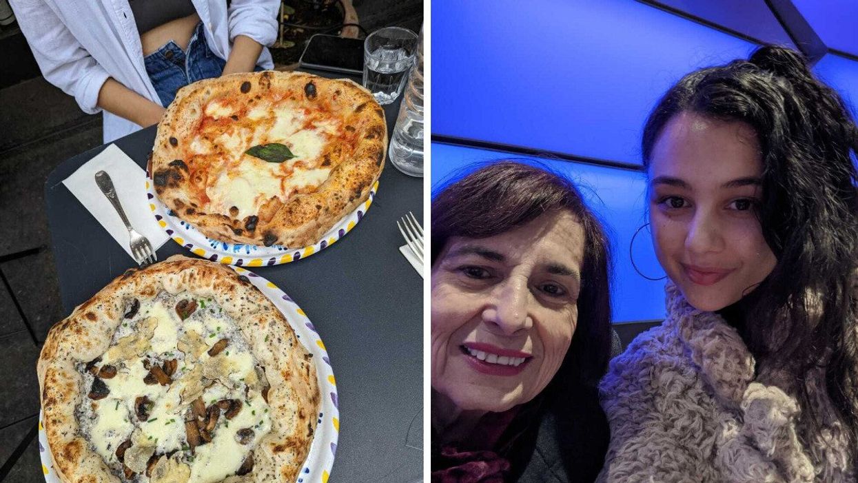 Sierra Riley eating pizza. Right: Sierra with her Nonna.