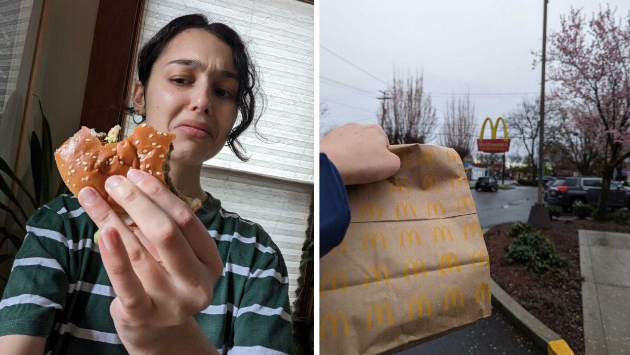 Sierra Riley holding a McDonald's Big Mac. Right: McDonald's in Portland.