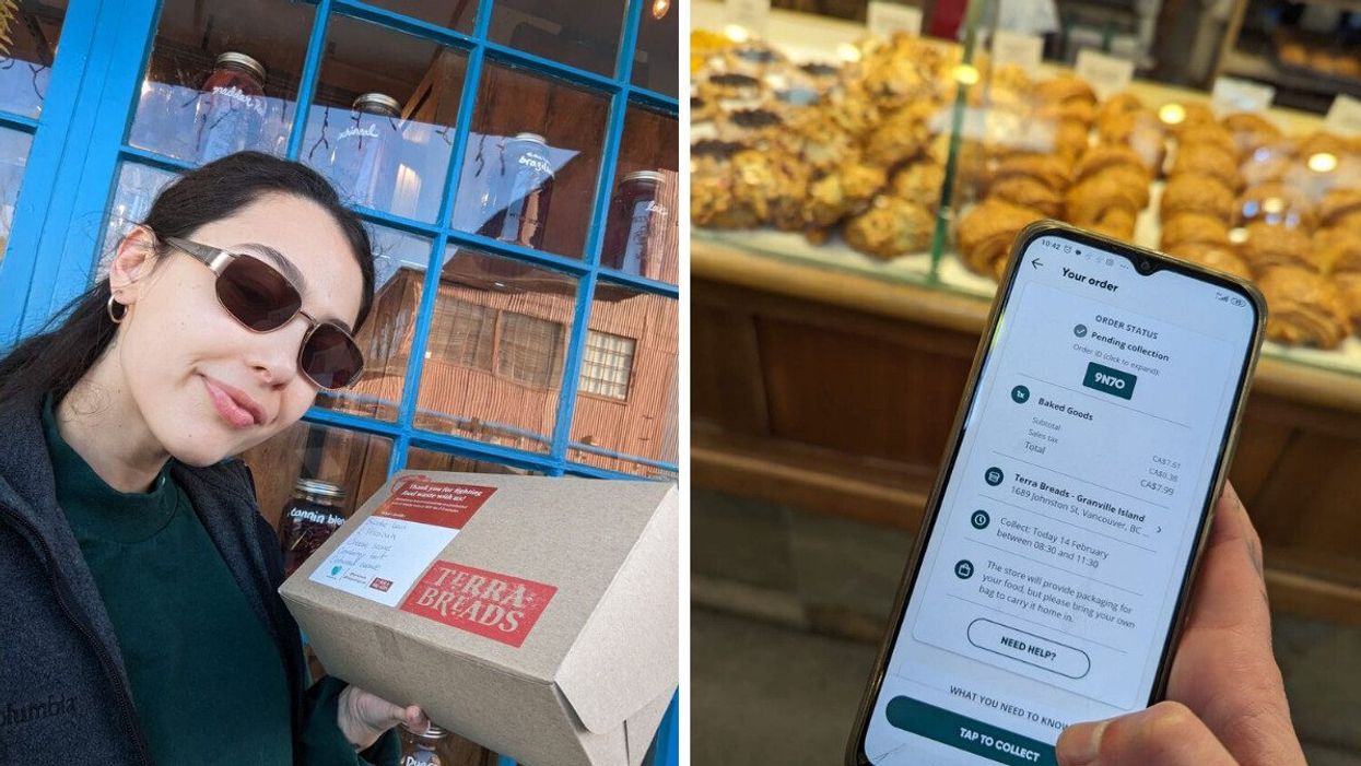 Sierra Riley holding a Terra Breads Too Good To Go box. Right: the Too Good To Go app.