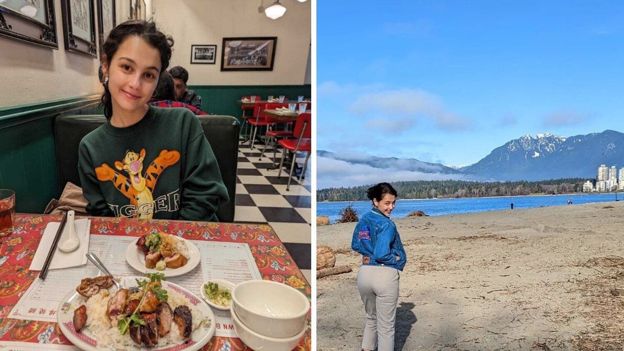 Sierra Riley in a Vancouver restaurant. Right: Kits Beach, Vancouver.