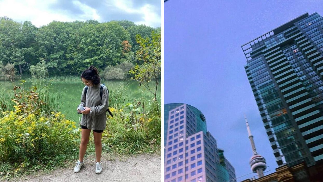 Sierra Riley in High Park. Right: the CN Tower and a blue sky.