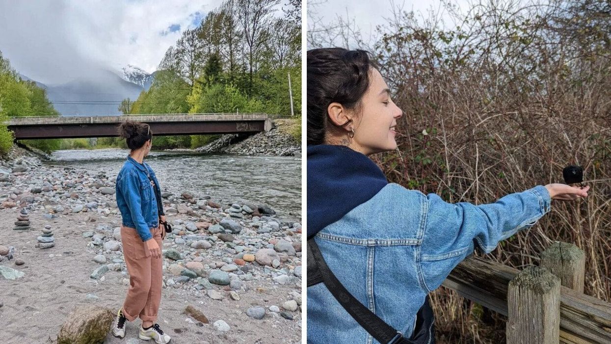 Sierra Riley outside Fergie's Café in Squamish. Right: at the bird sanctuary near Ladner.