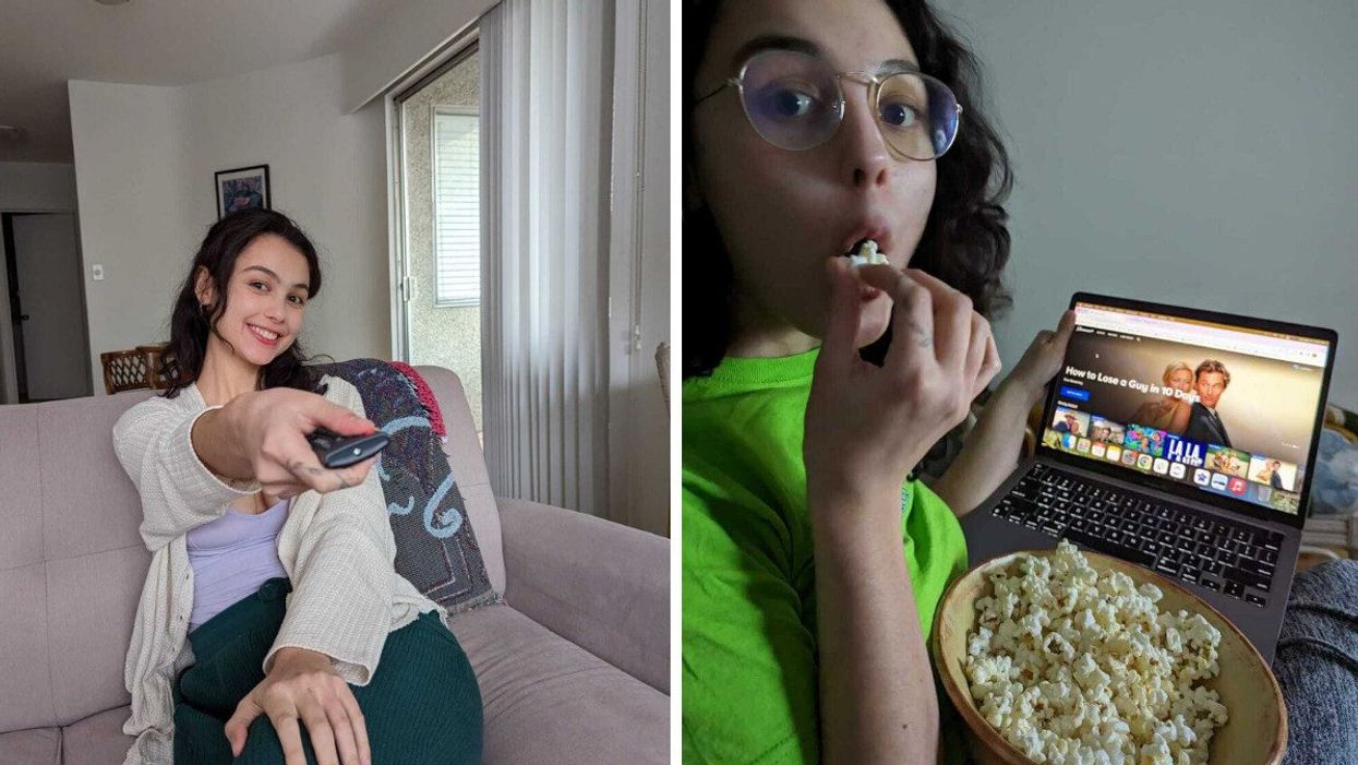 Sierra Riley watching TV. Right: Watching Paramount+ on a laptop.