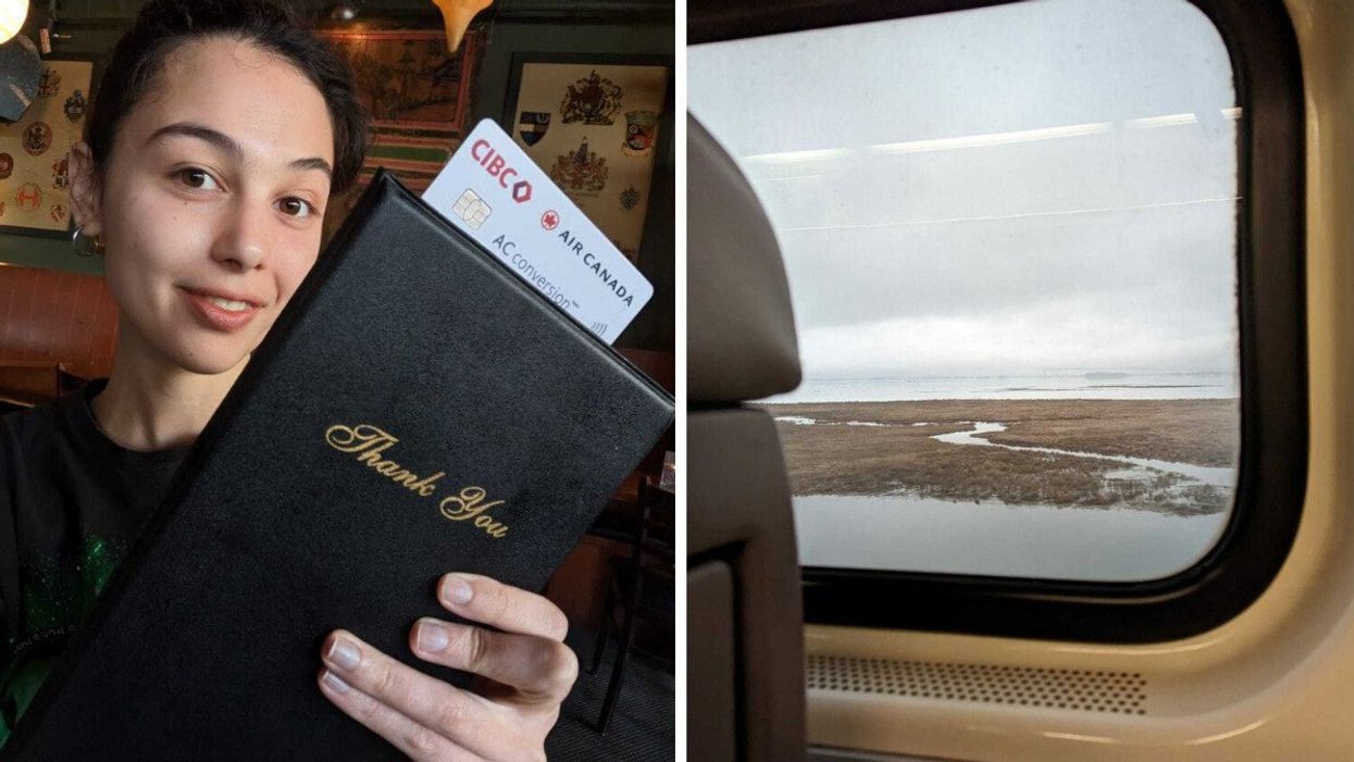 Sierra Riley with a CIBC Air Canada Conversion Credit Card. Right: views from the Amtrak Cascades train from Vancouver to Portland.