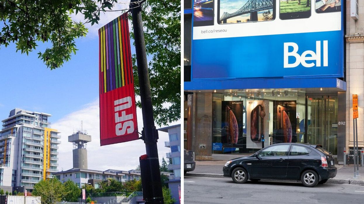 sign on lamppost at simon fraser university. right: exterior of bell canada store