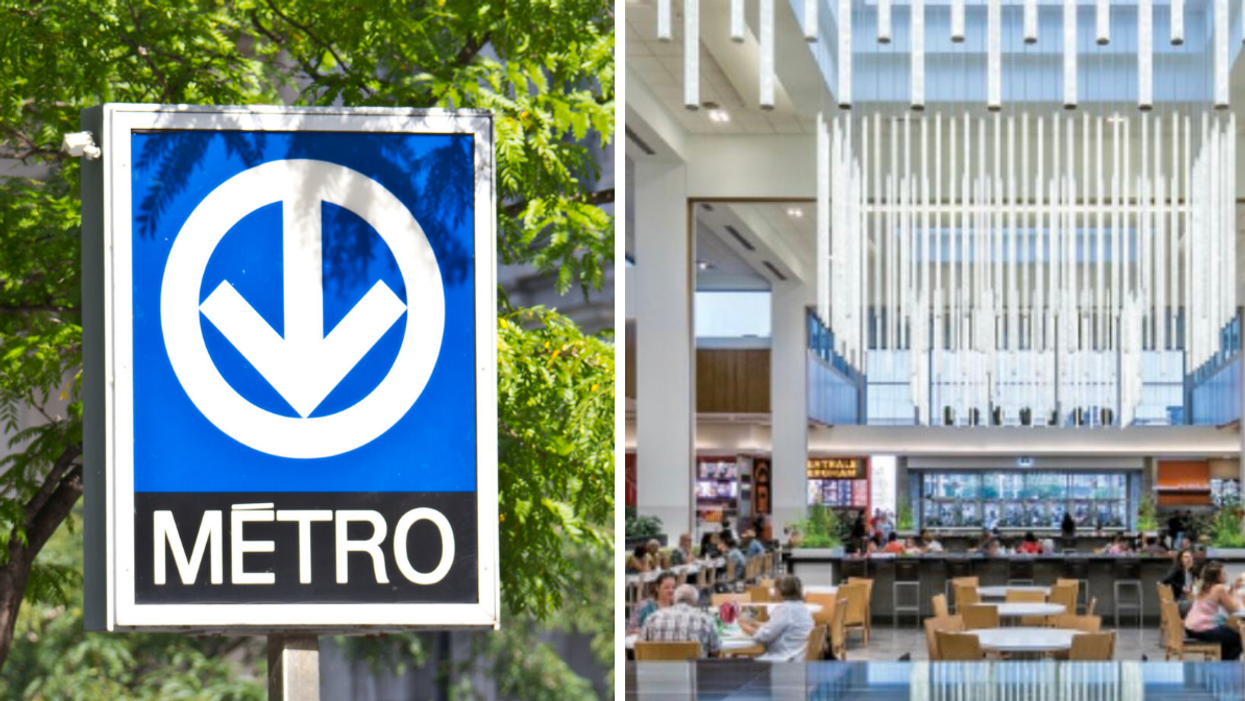 Signe de Métro de Montréal. Droite : Intérieur des Galeries d'Anjou.