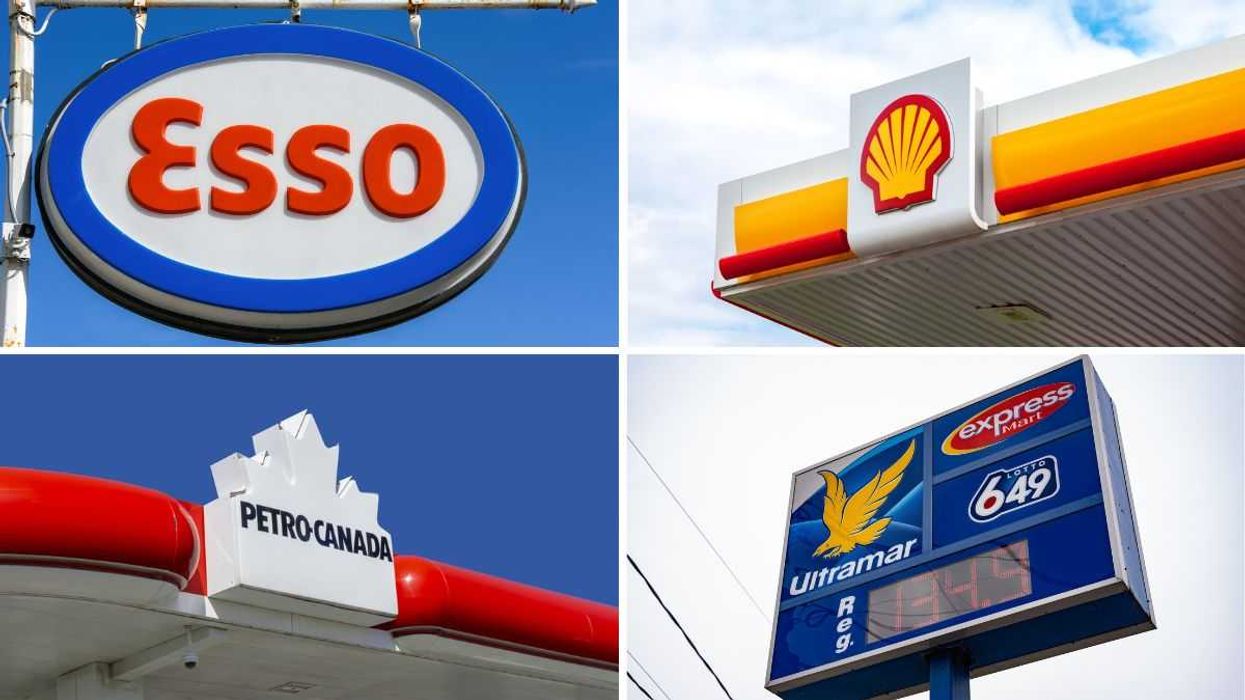 Signs for Esso, Shell, Petro-Canada and Ultramar gas stations in Canada.