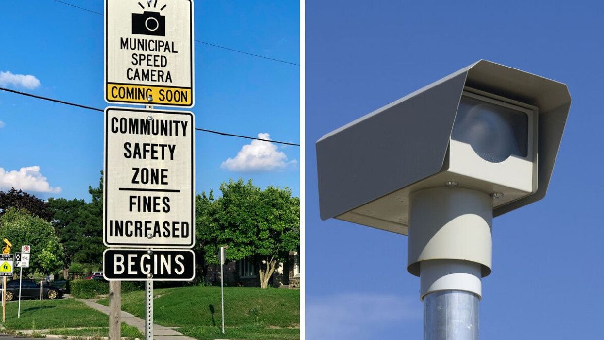 Signs warning of speed cameras to be installed. Right: A photo radar camera.