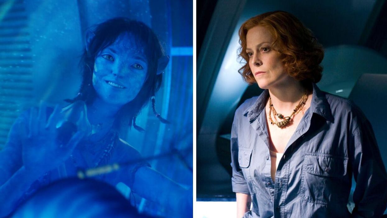 Sigourney Weaver as Kiri in Avatar: The Way of Water. Right: Sigourney Weaver as Grace Augustine in Avatar.