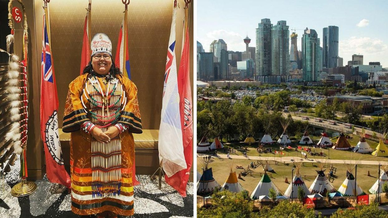 Sikapinakii Low Horn, the First Nations Princess. Right: Elbow River Camp at Calgary Stampede.