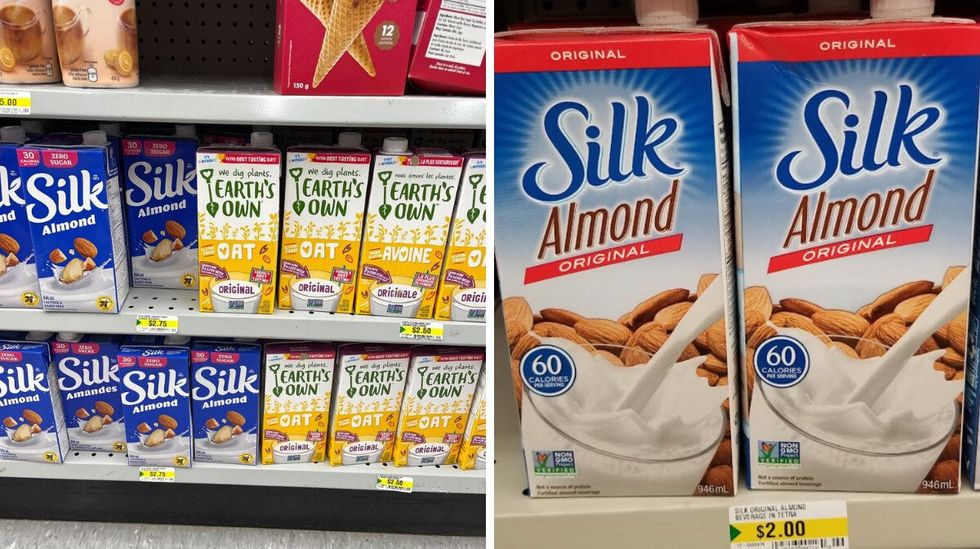 silk almond beverage bottles at dollarama in 2025. right: bottles of silk almond beverage at dollarama in 2021