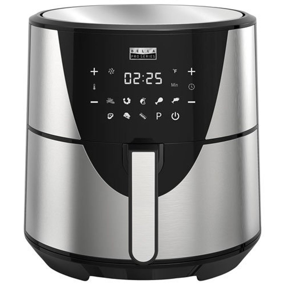 silver and black bella pro air fryer with a touchscreen