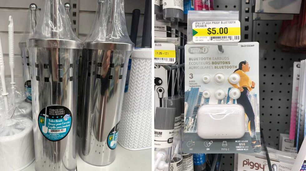 Silver and white long tubes on a store shelf that contain a toilet brush inside. Right: A white block with earbud cases above it and earbuds inside it.