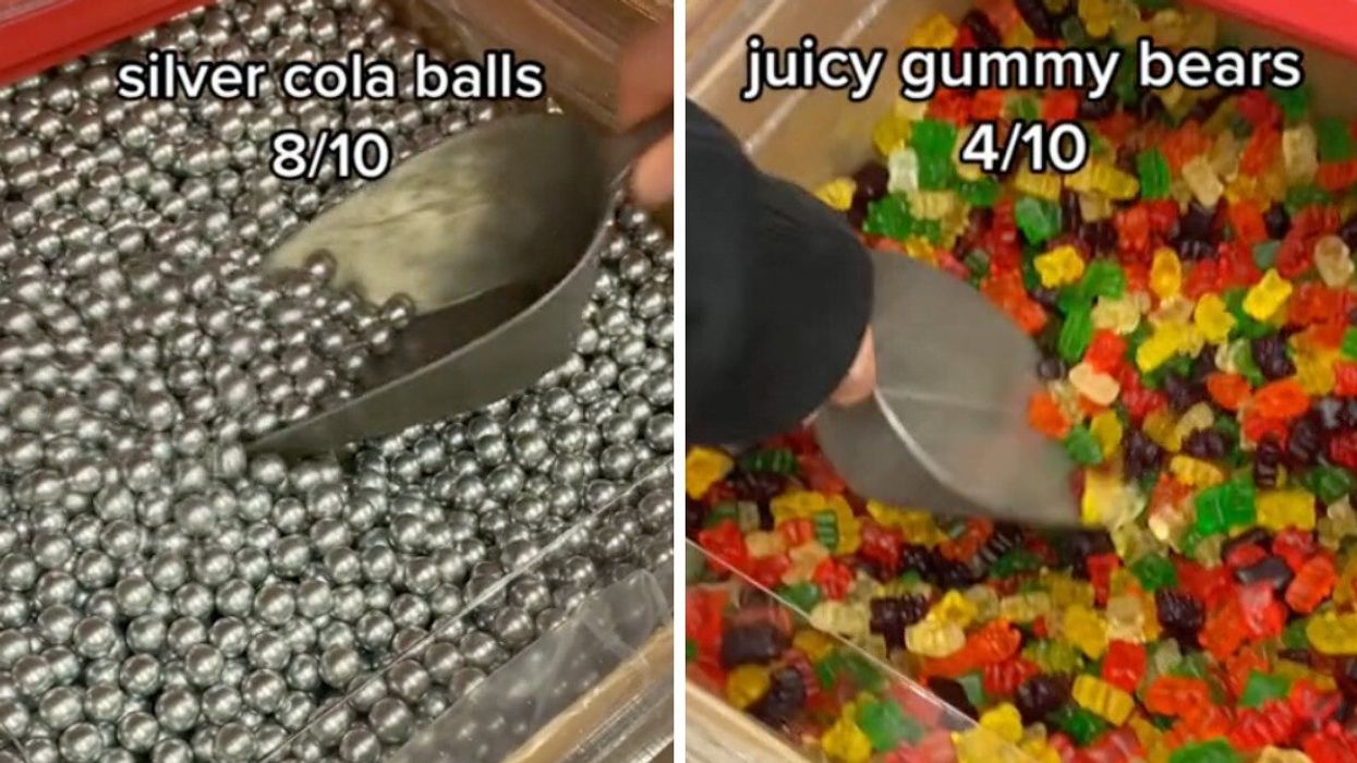 Silver cola balls at Bulk Barn. Right: Juicy gummy bears at Bulk Barn.