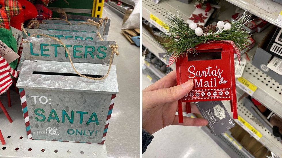silver letters to santa hanging mailbox at dollarama. right: red hanging santa's mailbox with greenery on top at walmart