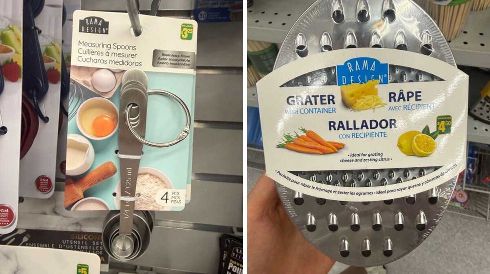 Silver measuring spoons hanging on a store shelf. Right: A grater with a container and a label that shows a lemon, carrot and cheese.
