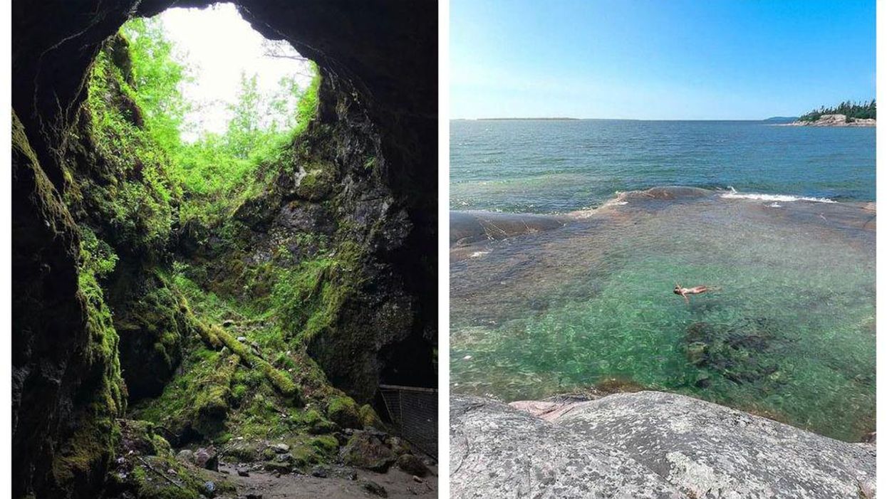 Silver Queen Mine. Right: Someone floating in the waters of Bathtub Island.