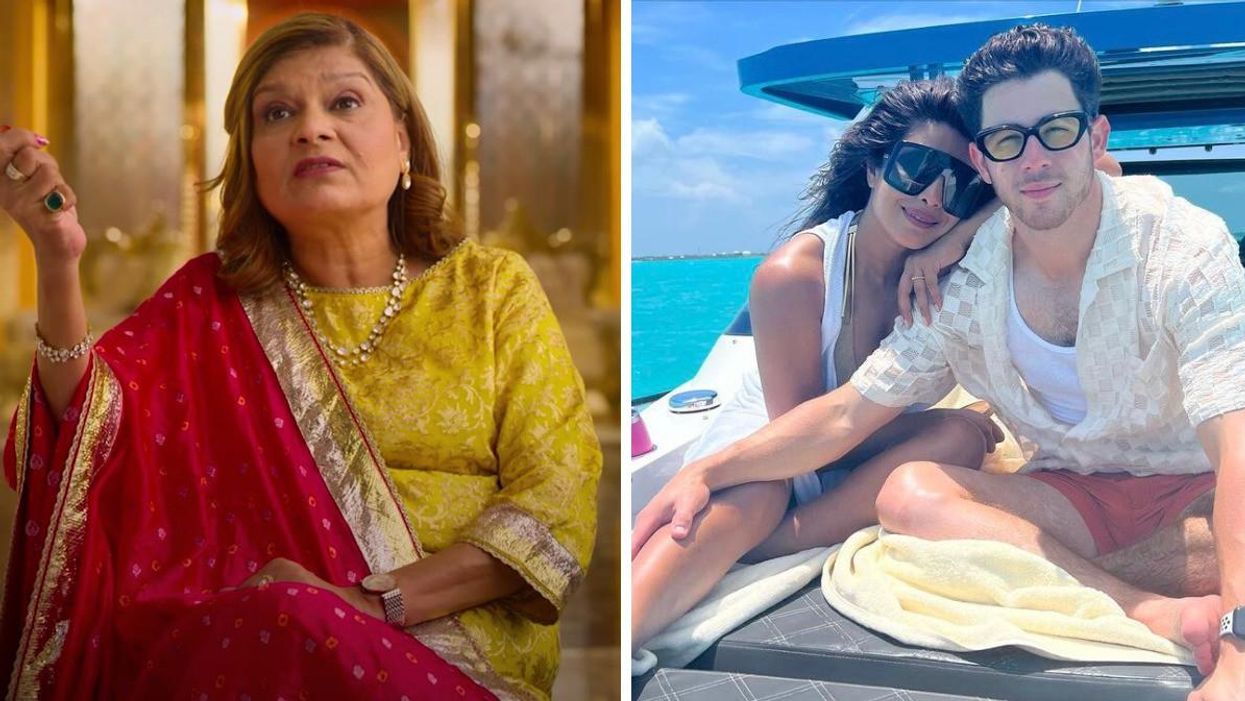 Sima Taparia on Indian Matchmaking. Right: Priyanka Chopra and Nick Jonas on a boat.