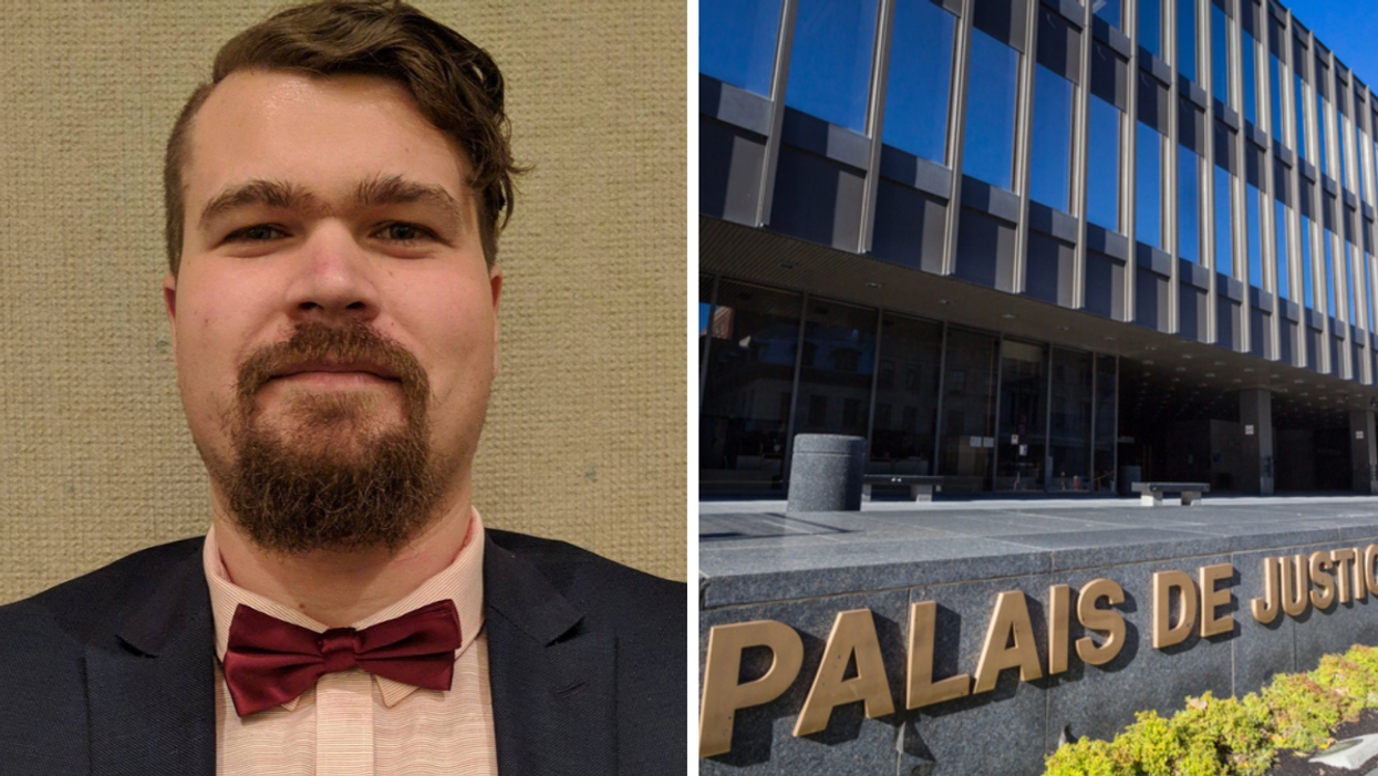 Simon Houle. Droite : Le palais de justice de Montréal.