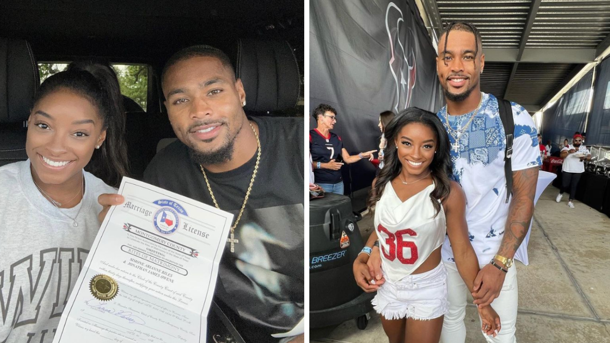 Simone Biles and Johnathan Owens with a wedding certificate. Right: Biles and Owens at a Houston Texans game.