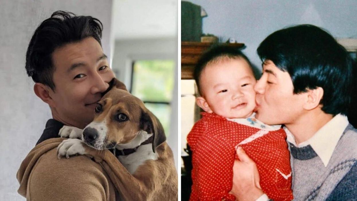 Simu Liu and his pup. Right: Simu Liu as a baby with his dad.