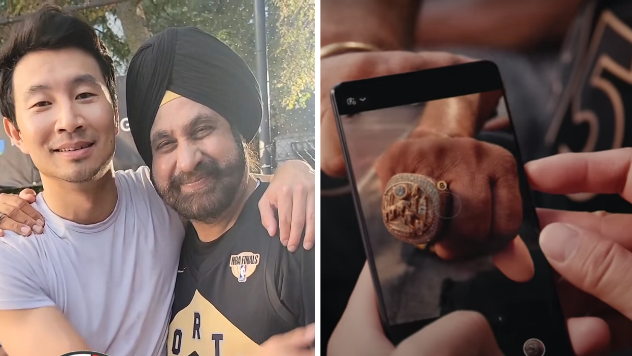 Simu Liu and Nav Bhatia. Right: Nav Bhatia showing his championship ring.