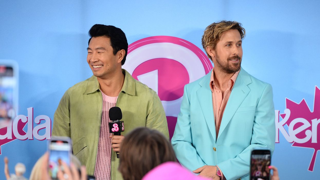 Simu Liu and Ryan Gosling on the Barbie pink carpet in Toronto.