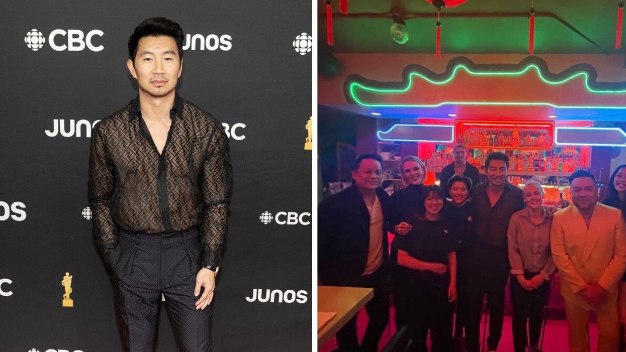 Simu Liu at the JUNOS. Right: Simu Liu and Andrew Phung went to Fu's Repair shop after the JUNO Awards.