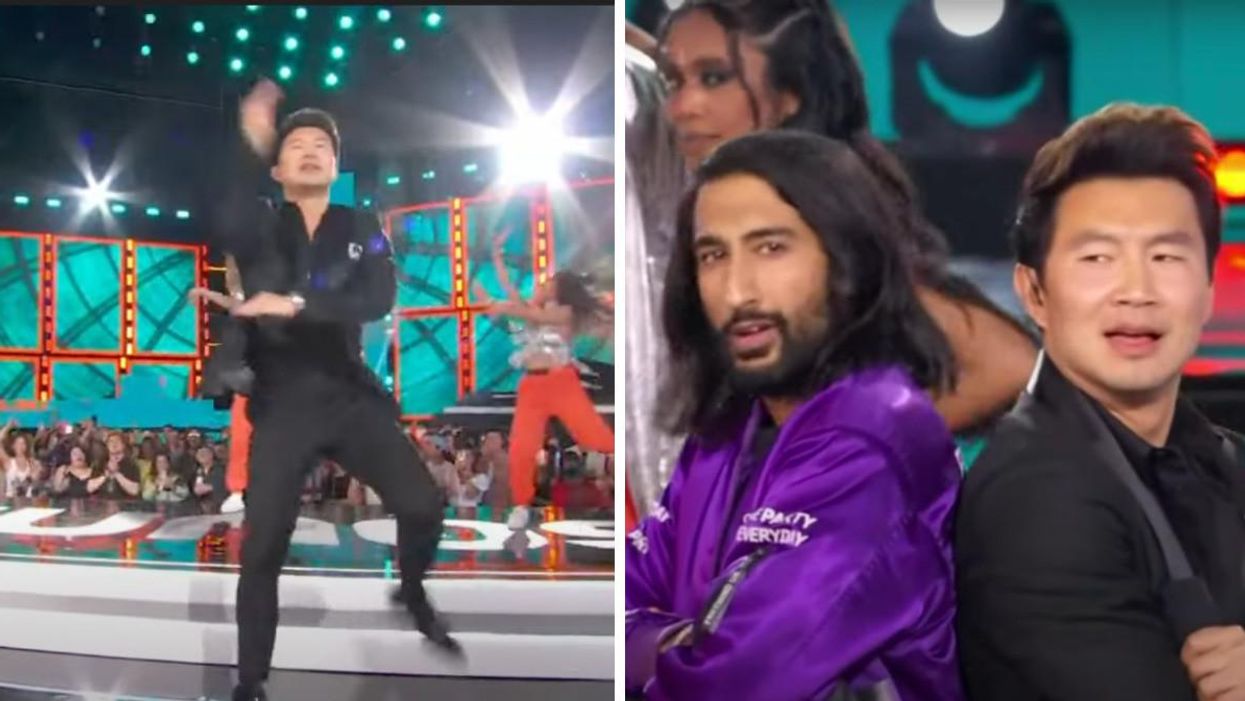 Simu Liu dancing bhangra at the JUNOS. Right: Tesher and Simu Liu at the JUNOS.