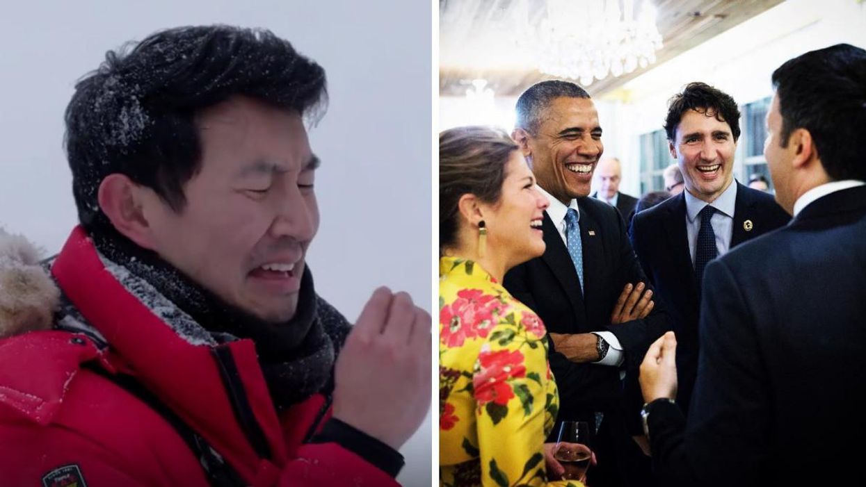 Simu Liu eating a maggot for some reason. Right: Justin Trudeau meets with fellow world leaders.