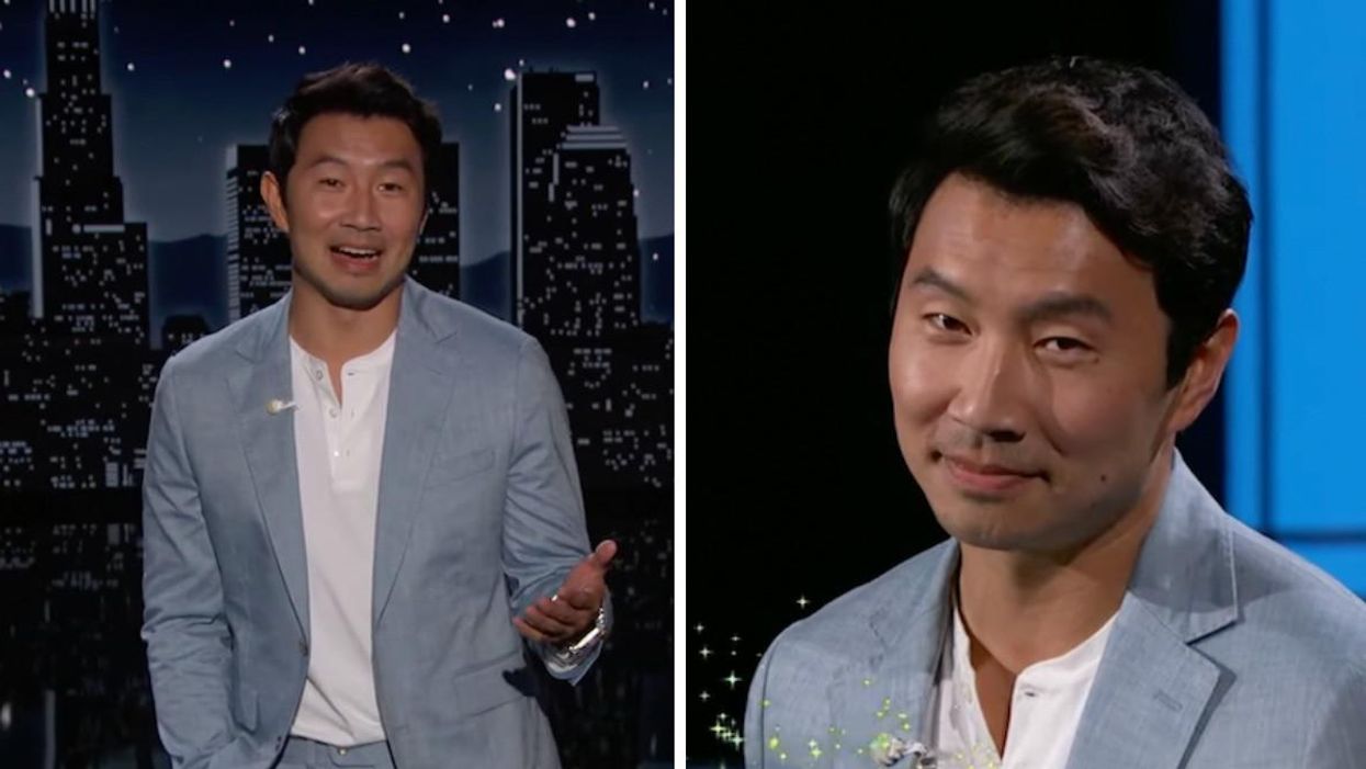 Simu Liu guest hosting Jimmy Kimmel Live. Right: Simu Liu smizing at the camera.