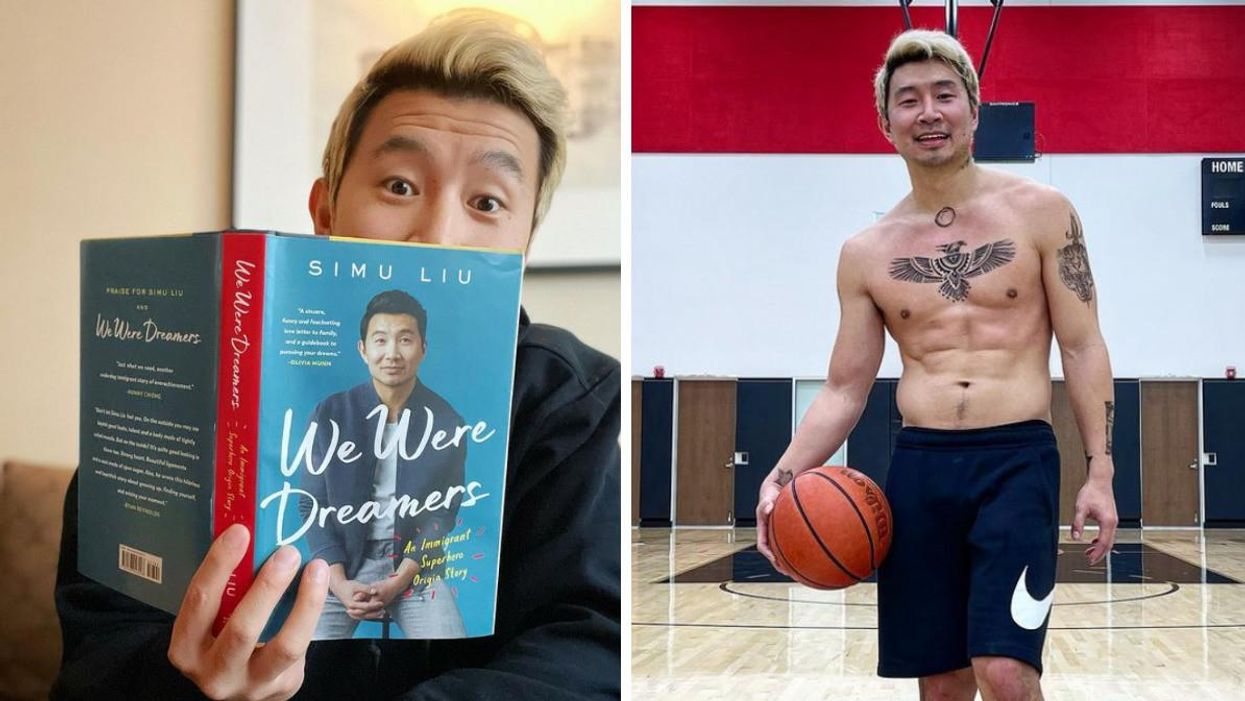 Simu Liu holding his book. Right: Simu Liu playing basketball.