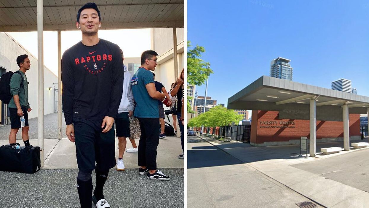 Simu Liu in a Raptors shirt. Right: University of Toronto Varsity Centre .