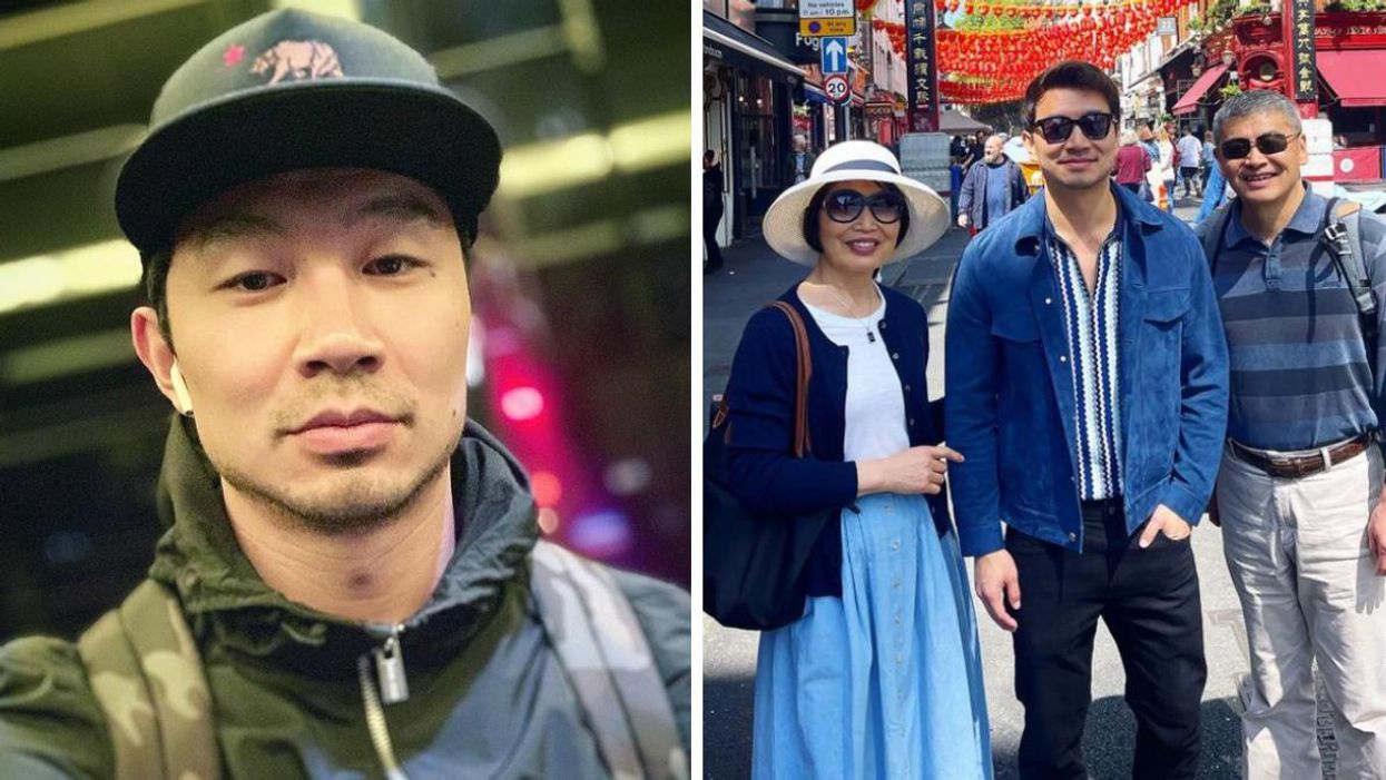 Simu Liu in a selfie. Right: Simu Liu with his parents.