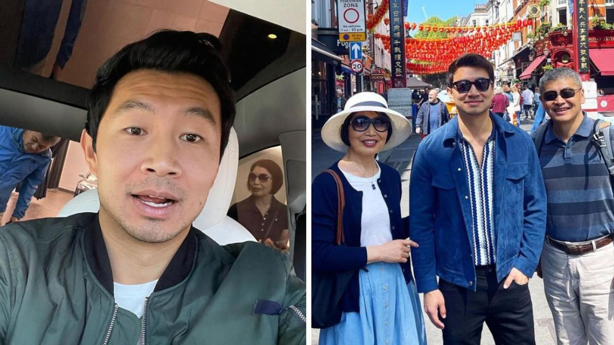 Simu Liu in a Tesla with his parents. Right: Simu Liu in London with his parents.